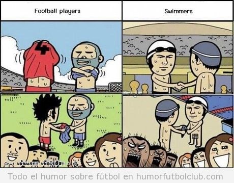 Viñeta graciosa de diferencia entre futbolistas y nadadores después carrera