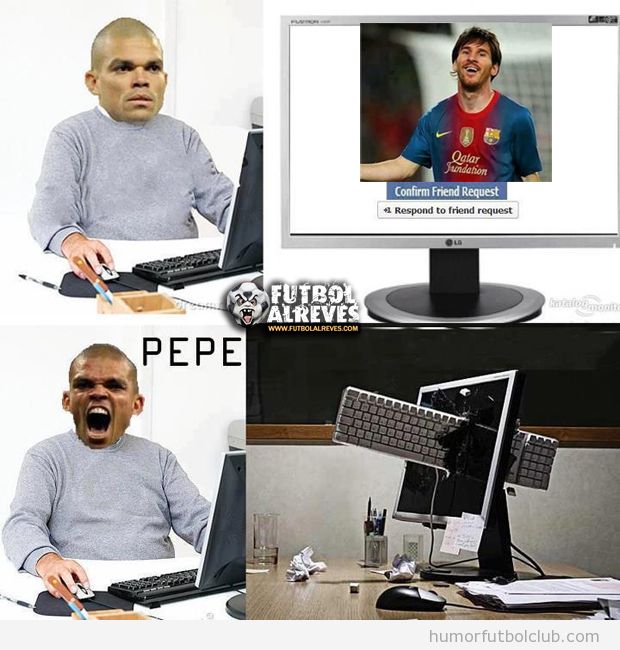 Imagen graciosa de Pepe cuando recibe una solicitud de amistad de Messi en Facebook