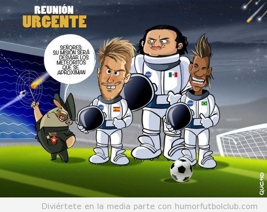 Viñeta divertida de fútbol, Ramos, Neymar y Reynoso desvian el meteorito del fin del mundo