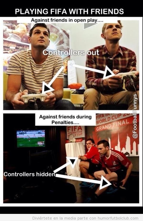 Meme gracioso de dos chicos jugando al FIFA13, esconden el mando en penalties