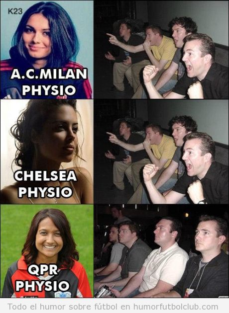 Meme gracioso de la reacción de aficionados con fisioterapeutas del Milan y del Chelsea guapas