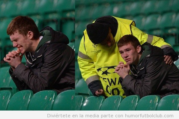 Foto curiosa y bonita de un agente de seguridad consolando a un aficionado del Celtic