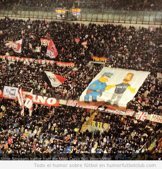 Tifo del AC Milan en el que Ned Flanders representa ser hincha del Inter Milan