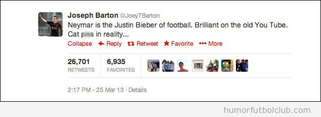 Tweet de Barton en el que llama Justin Bieber del fútbol a Neymar