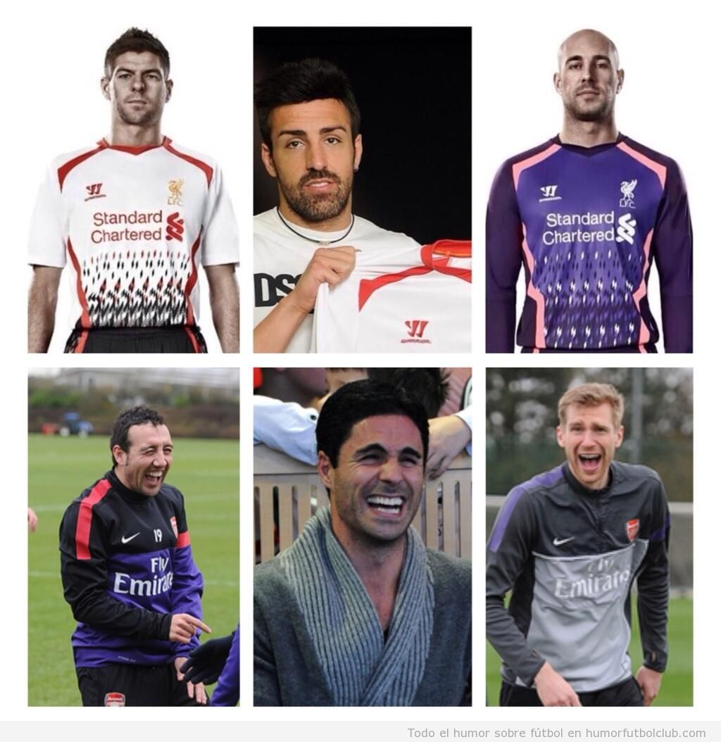 Imagen divertida, jugadores del arsenal se ríen de la camiseta fea del Liverpool