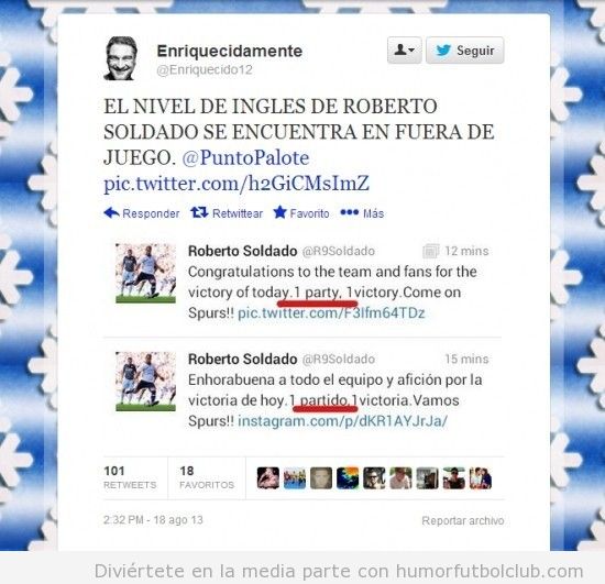 Roberto Soldado comete un error al escribir un tweet en inglés