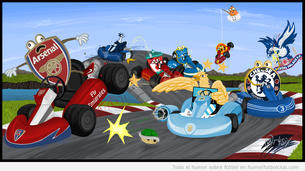 Dibujo gracioso de la Premier League como Mario Kart