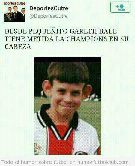 Meme gracioso Gareth Bale niño con Champions metida en la cabeza