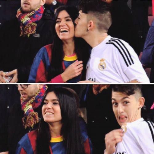 Foto graciosa novios enfrentados por el Real Madrdçid - Barça