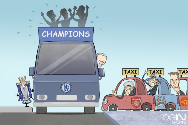 Viñeta graciosa autobús Chelsea, campeón Premier