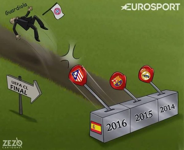 Viñeta graciosa equipos españoles y Pep Guardiola en la Champions League