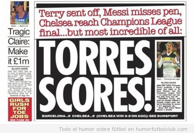 Titular de periódico ingles, lo más alucinante es que Torres Scores