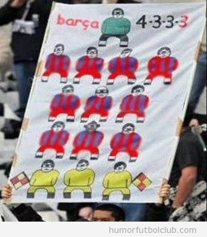 Sistema juego Barça 4 4 3 y 3 contando el árbitro y los líniers