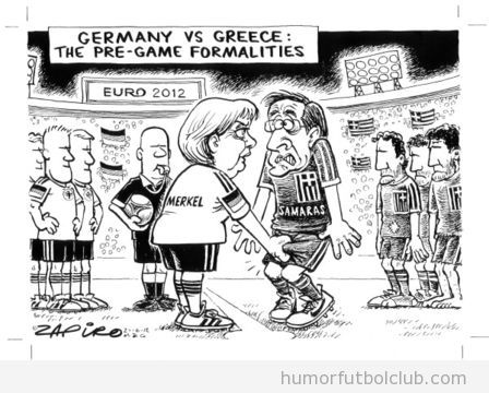 Viñeta graciosa de Merkel cogiendo de los huevos a Samaras en el partido Alemania Grecia Eurocopa 2012