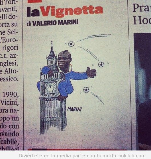 Viñeta graciosa de Balotelli en el Big Ben como King Kong tras ganar Italia a Inglaterra en Eurocopa 2012