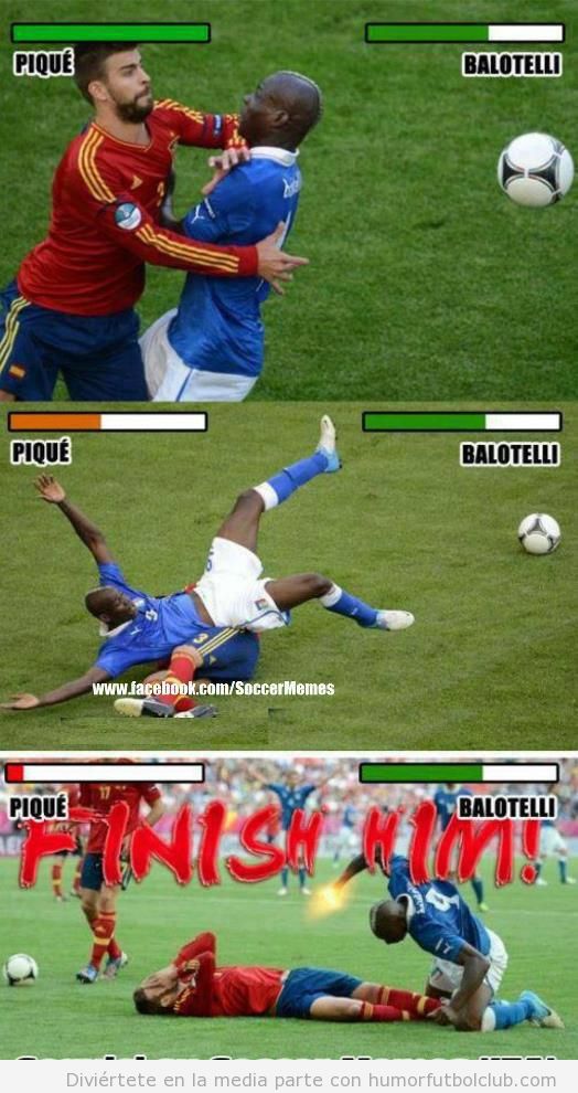 Imagenes graciosas de Piqué y Balotelli en el España Italia como si fuesen luchadores de Street Fighter