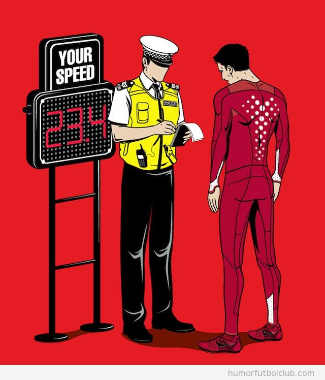 Dibujo graciosa de un atleta velocista detenido por la policía por superar límite velocidad