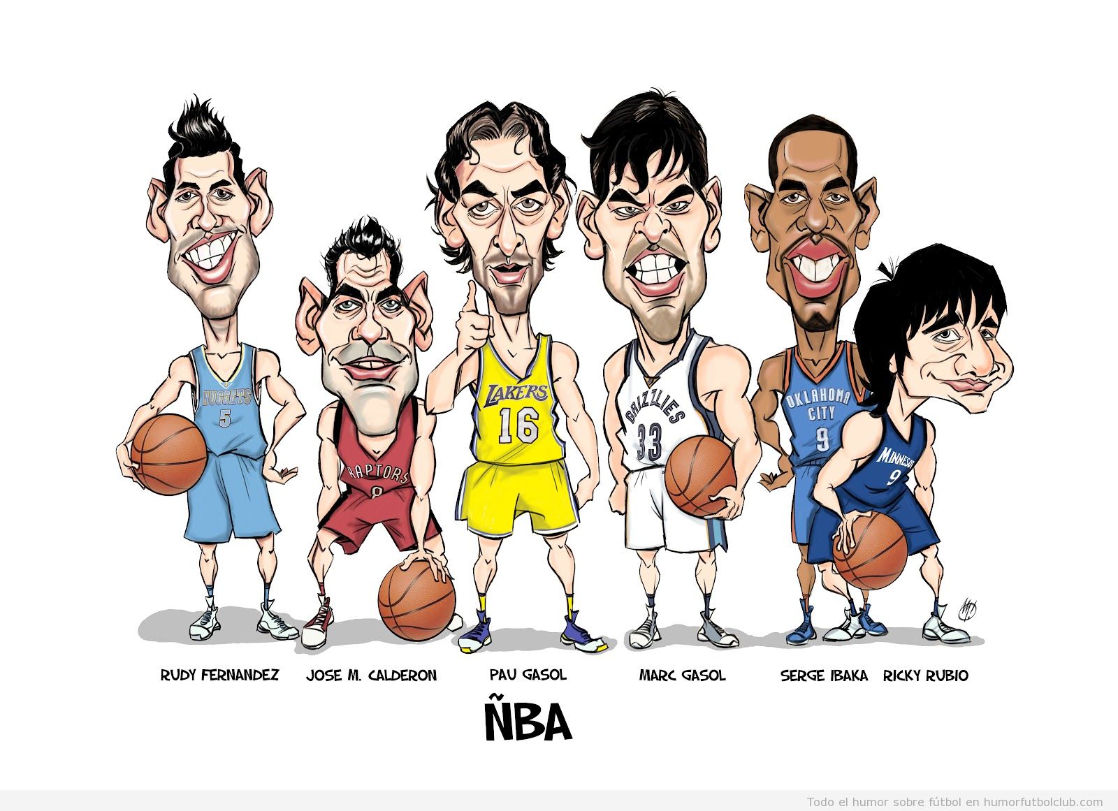 Caricatura de la ÑBA, los jugadores de basket Gasol, Calderon, Ricky Rubio, Rudy, Ibaka que juegan en la NBA