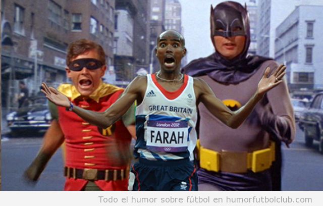 Meme del atleta Al Farah corriendo delante de Batman y Robin