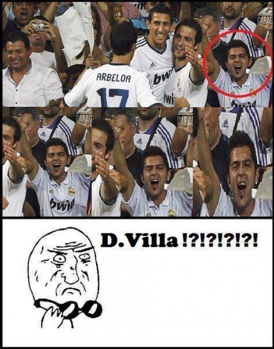 Foto divertida con meme de un aficionado del Real Madrid que se parece a David Villa