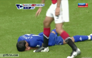 Gif gracioso de Ferdinand del Manchester United levantando del suelo a un jugador del Everton