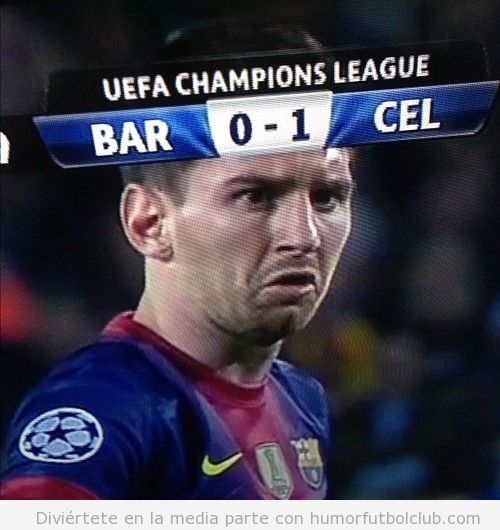 Cara graciosa de meme de Messi en el gol del Celtic ante el Barça