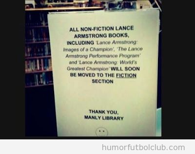 Cartel de una biblioteca, los libros de Lance Amstrong pasan a ser ficción