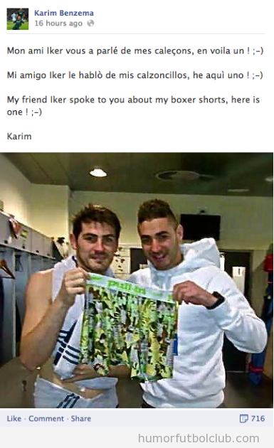 Foto graciosa de Casillas y Benzema enseñando calzoncillos feos en Facebook