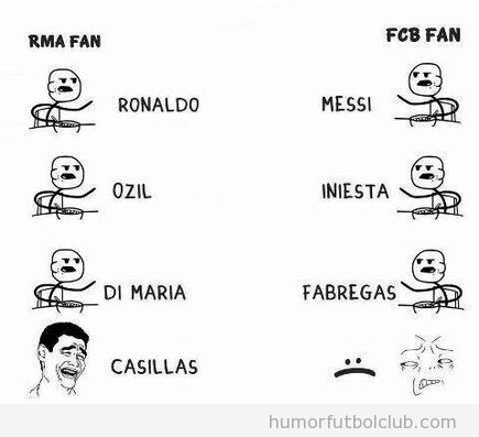 Meme gracioso, aficionados del Madrid vs Aficionados del Barça