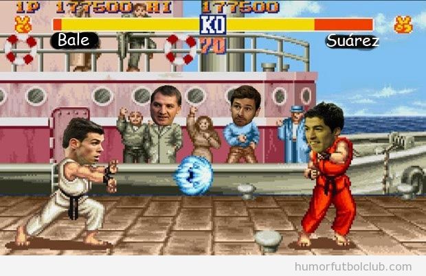 Bale y Luis Suarez en una simulación del Street Fighter, Liverpool vs Spir