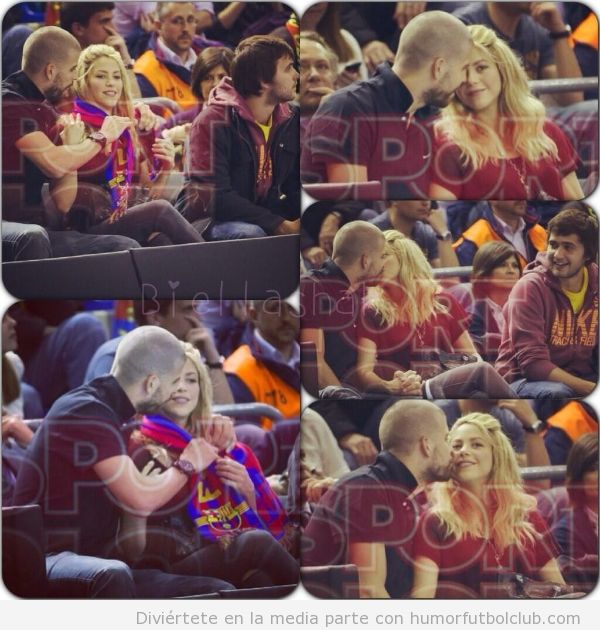 Piqué y Shakira dándose besos en el partido de basket Barça Panathinaikos