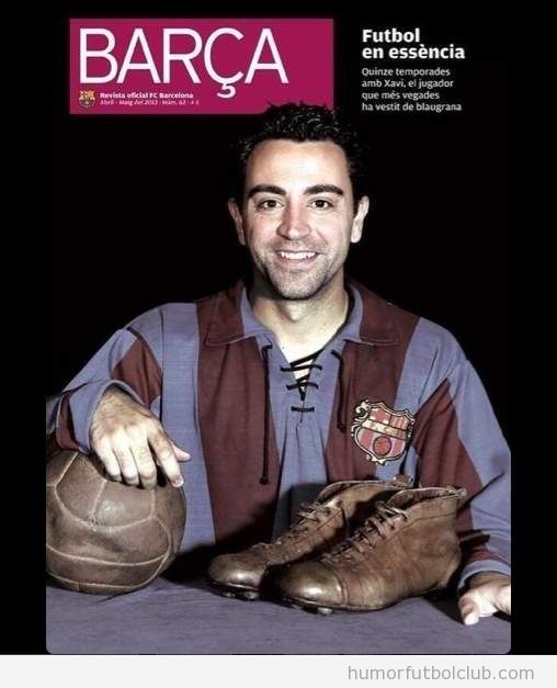 Xavi con una camiseta muy retro del Barça