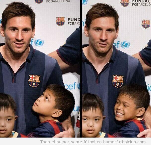 Imagen bonita de un niño feliz porque abraza a Messi