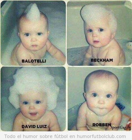 Imagen graciosa de un niño en la bañera con peinados de Balotelli, Beckham, Luiz y Balotelli