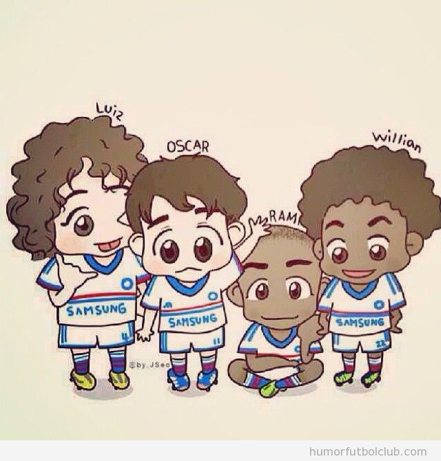 Dibujo gracioso de David Luiz, Oscar, Ramires y Willian,m los brasileños del Chelsea