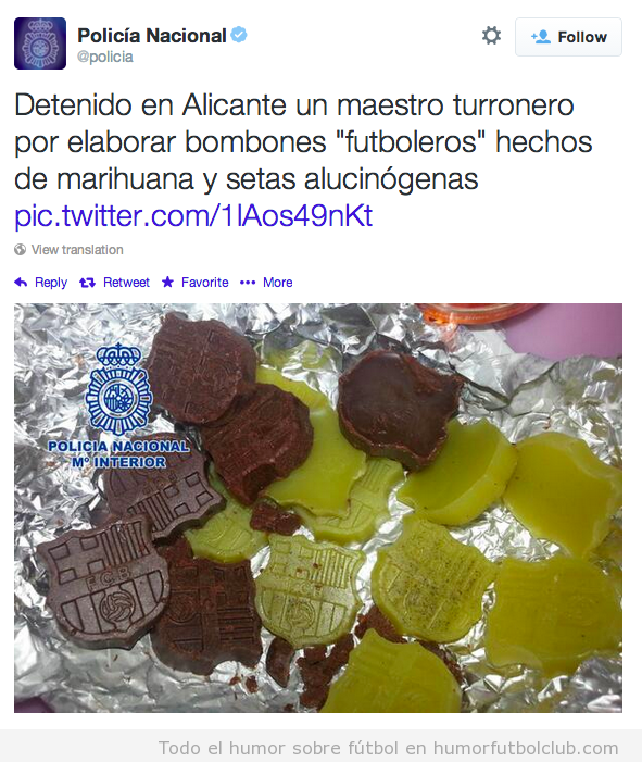 Tweet Policía Nacional sobre bombones Barça hechos con marihuana