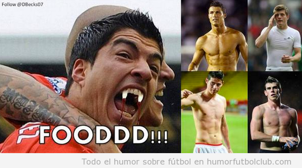 Meme gracioso Luis Suárez vampiro con jugadores Real Madrid