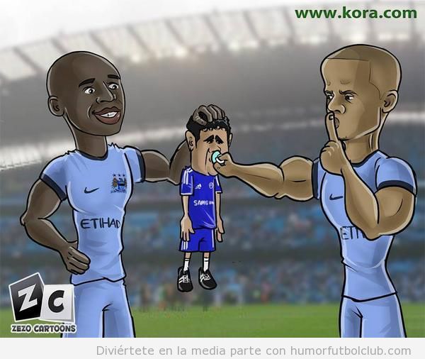 Viñeta graciosa Diego Costa y los defensas del Manchester City