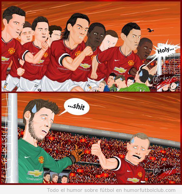 Viñeta humor sobre delantera y defensa Manchester United