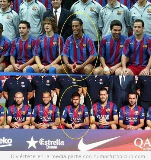 Foto de equipo Barça, Neymar imitando a Ronaldinho