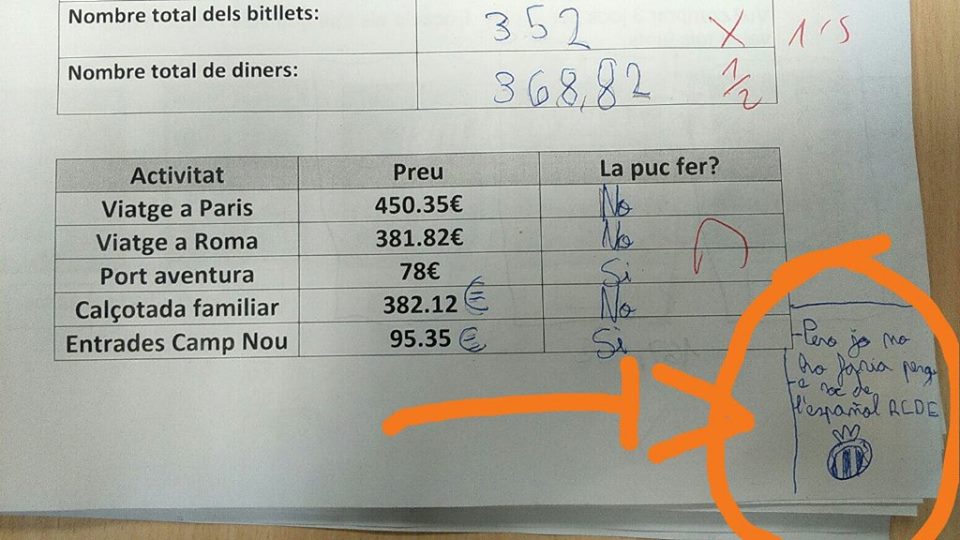 Ejercicio matemáticas entadas al Camp Nou, zasca de una niña del Espanyol